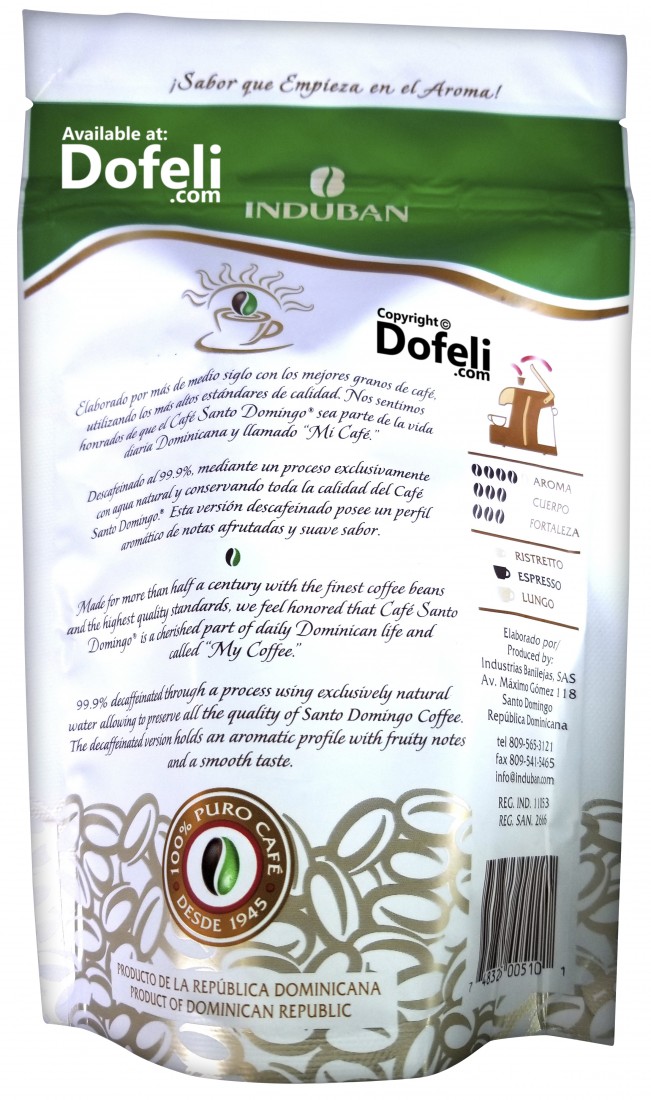 Roasted and ground Dominican Santo Domingo decaffeinated coffee in convenient capsules for fast and easy brewing.